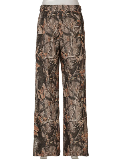fashionBranch Leaf Print Pants Knitted Elastic Vintage Chic Casual Outfits Basic Streetwear Fashion All-match Bottom
