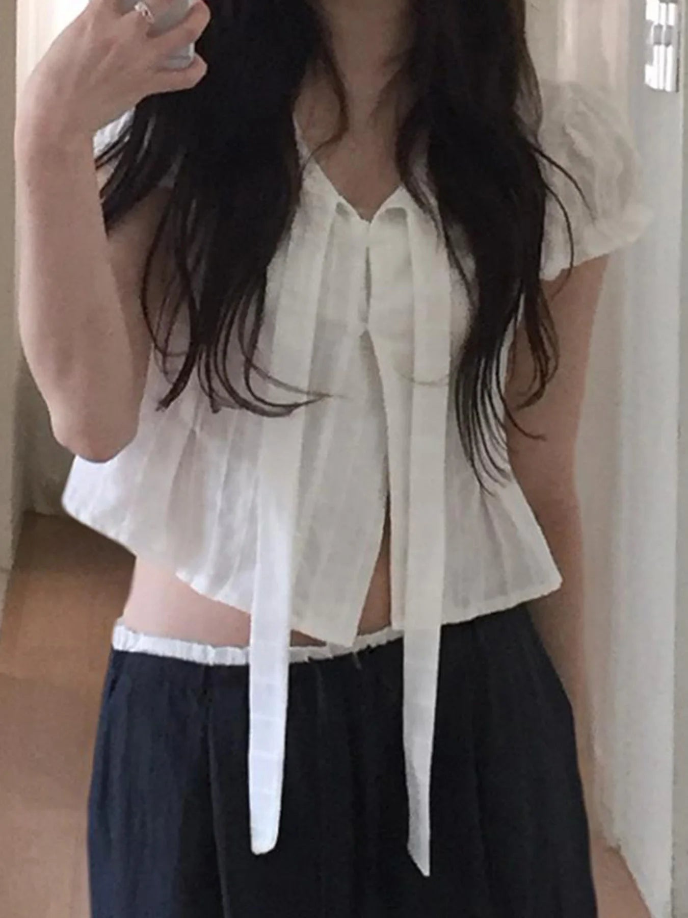 fashionPuff Sleeve Sexy Solid Lace-up T-shirt Slim Crop Short Sleeved Summer Streetwear Sweet Clothings Button Casual Top