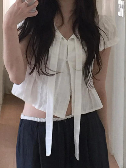 fashionPuff Sleeve Sexy Solid Lace-up T-shirt Slim Crop Short Sleeved Summer Streetwear Sweet Clothings Button Casual Top