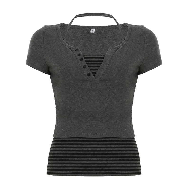 fashionStriped Button Halter Casual Two-piece Set Slim Summer Streetwear Elastic Vintage Suit Chic Basic Sexy Twinset