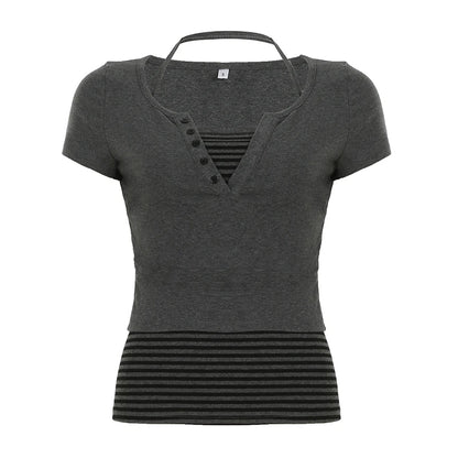 fashionStriped Button Halter Casual Two-piece Set Slim Summer Streetwear Elastic Vintage Suit Chic Basic Sexy Twinset