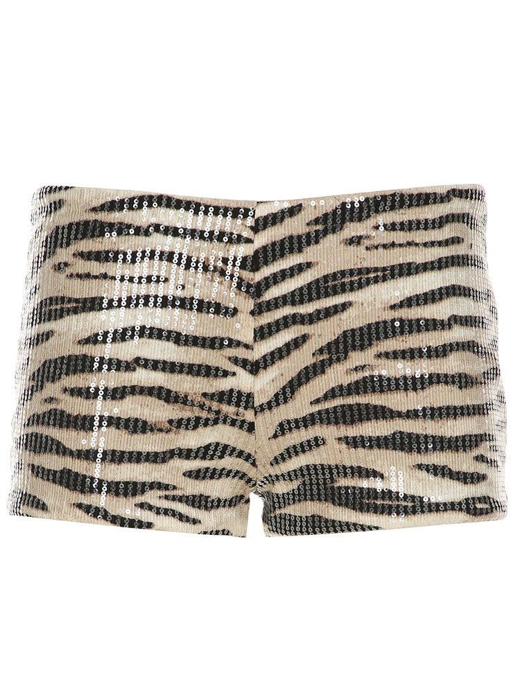 fashion Zebra Striped Sequined Shorts   Chic Aesthetic Skinny Waist Bottoms Casual Fashion Pants Knitted Women's Outfits