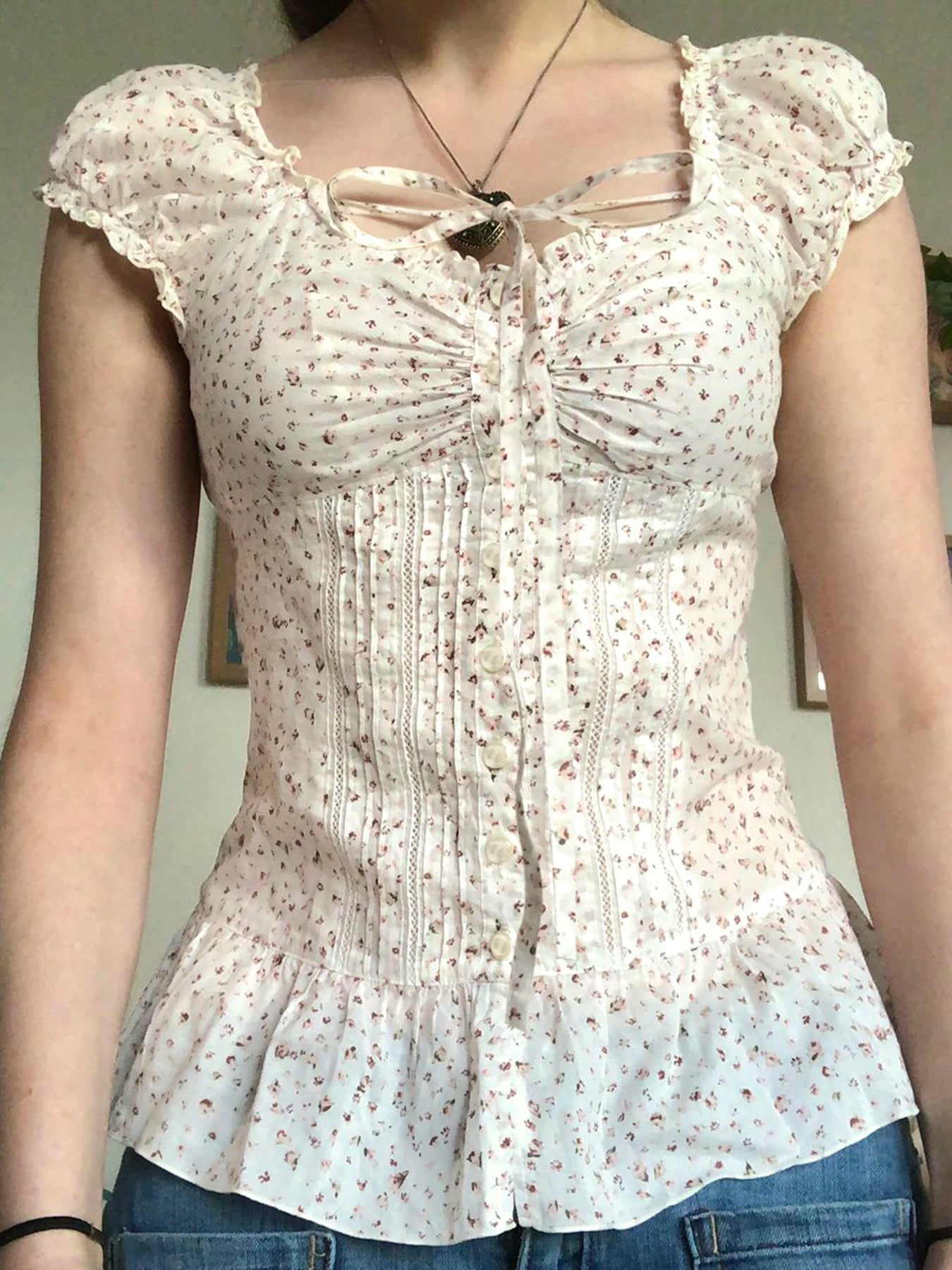 fashionFloral Print French Lace-up Fold Shirt Sexy Slim Classic Fashion Streetwear All-match Top Button Chic 90s Clothes