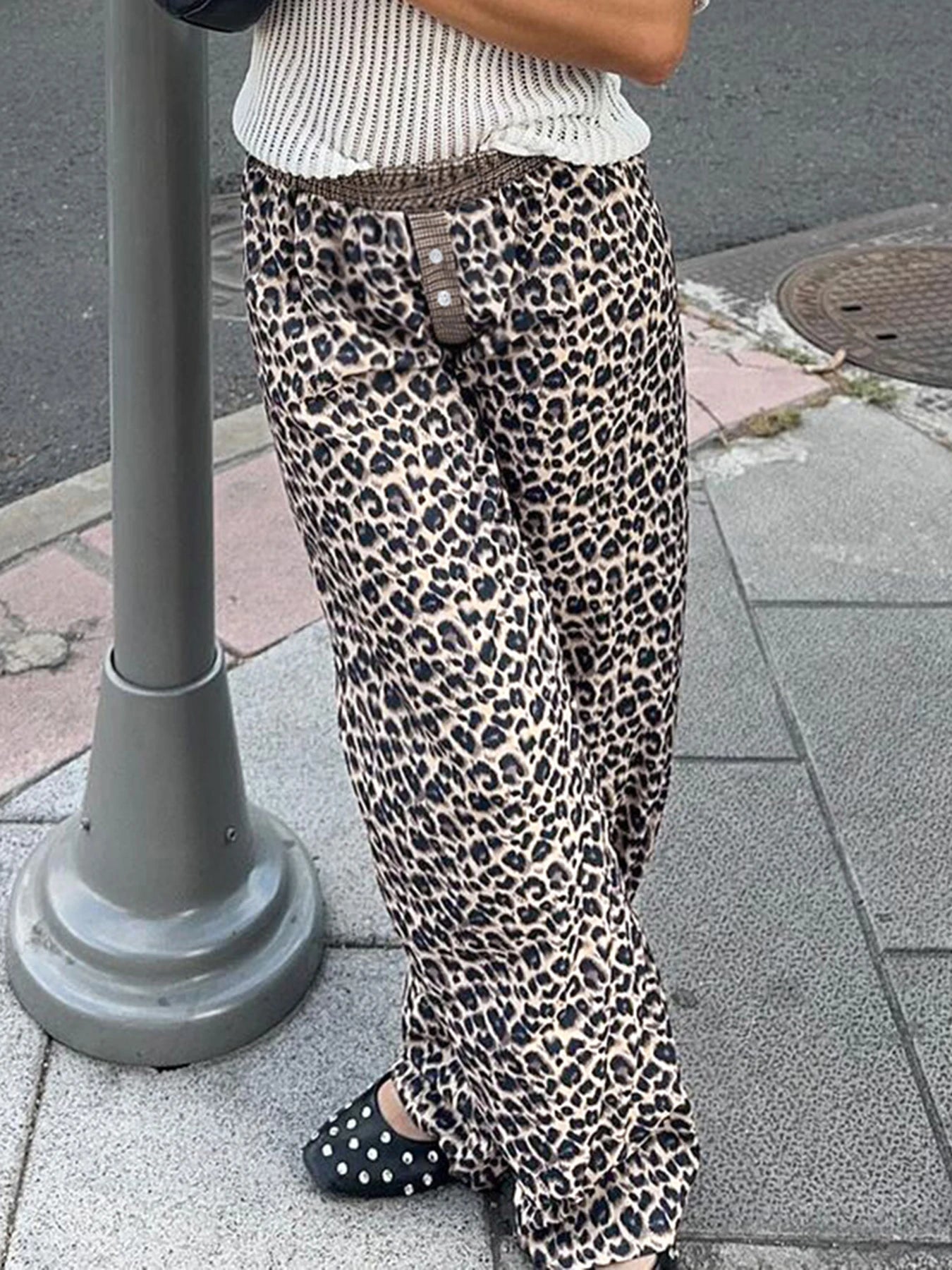 fashion Leopard Print Patchwork Straight Pants Elastic Waist Fashion Harajuku Trousers Aesthetic 2000s Casual Baggy Bottom