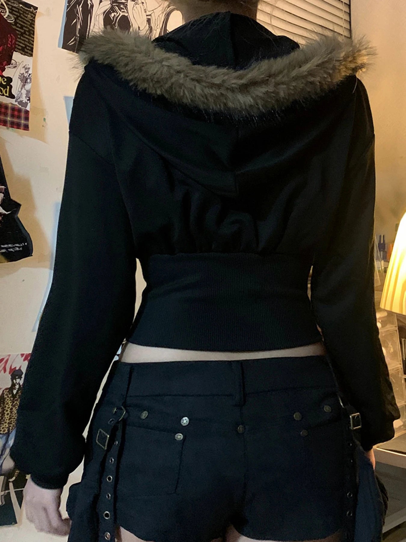 fashionZip Up Fur Neck Hoodie Coats Fashion Slim Solid Y2K Vintage Women's Jackets Casual Streetwear Chic Basics Clothes