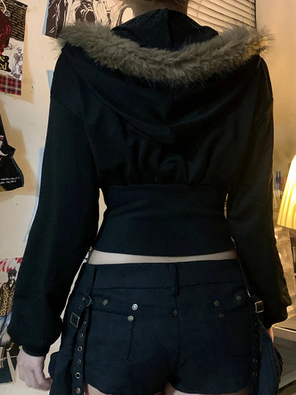 fashionZip Up Fur Neck Hoodie Coats Fashion Slim Solid Y2K Vintage Women's Jackets Casual Streetwear Chic Basics Clothes