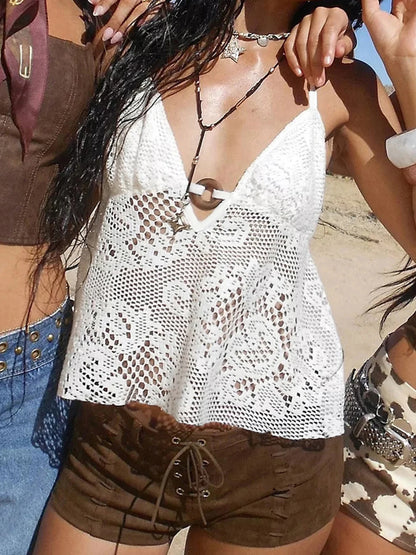 fashion Boho Hollow Out Lace Camisole Halter Vacation Solid Sexy Circular Ring Vintage Clothes Basic Streetwear Chic Tops