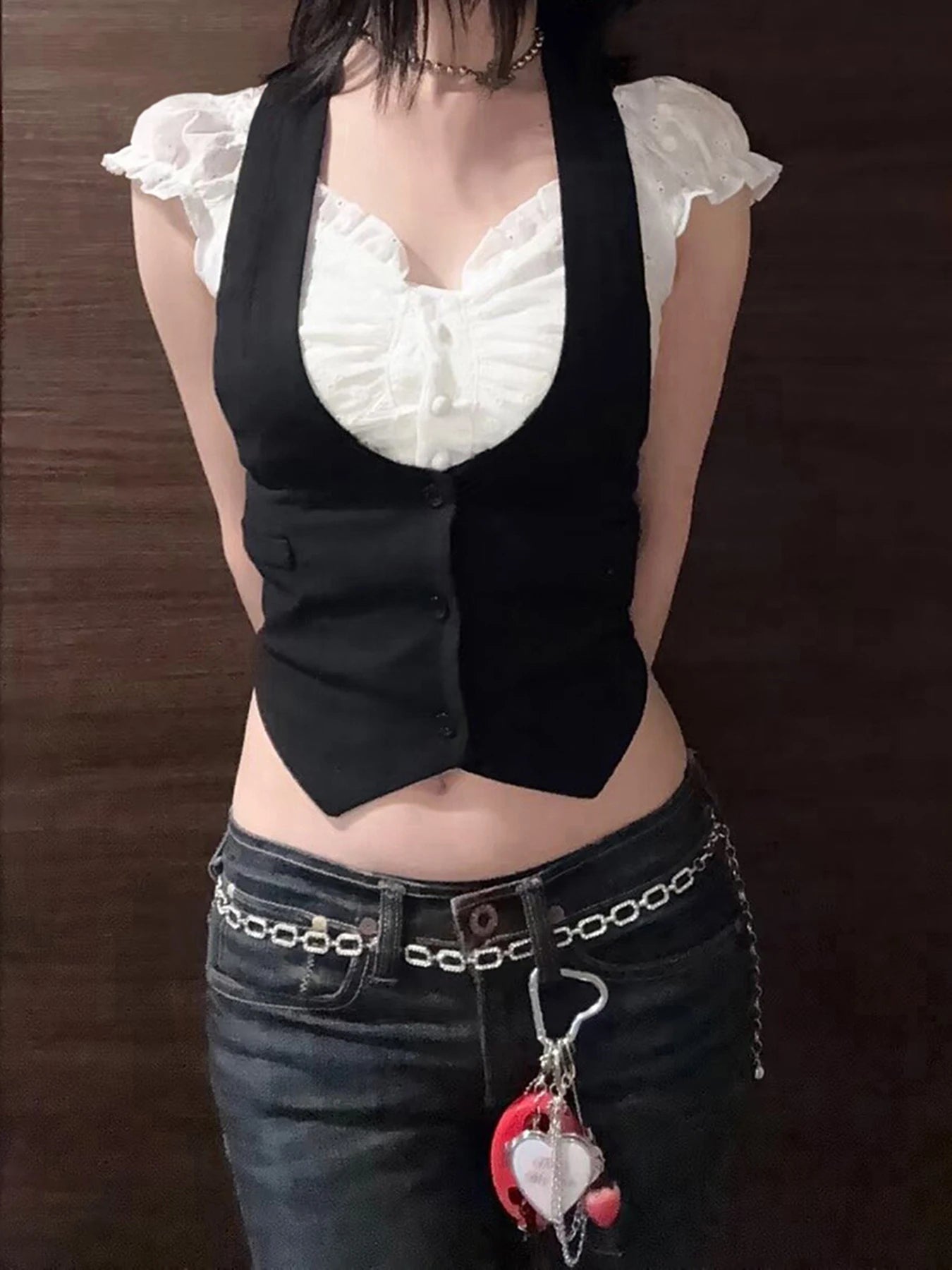 fashionFake Two Pieces Color Contrast T-shirt Button Slim Sexy Casual Crop Top Streetwear Basic Sweet Bodycon Clothings