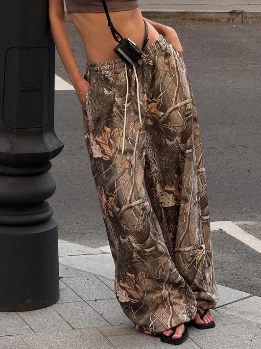 fashionBranch Leaf Print Pants Knitted Elastic Vintage Chic Casual Outfits Basic Streetwear Fashion All-match Bottom