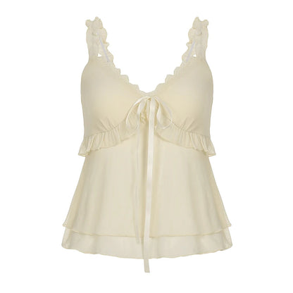 fashionFold Lace Patchwork Backless Camisole Solid Slim Vintage All-match Chic Tops Basic Streetwear Hottie Clothings