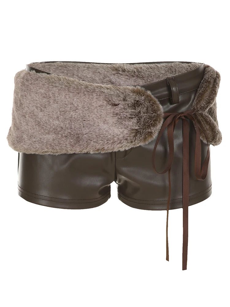 fashionLow Waisted Mini Leather Shorts Vintage Chic Furry Belts Casual Y2K Aesthetic Fashion Elastic Waist Bottoms