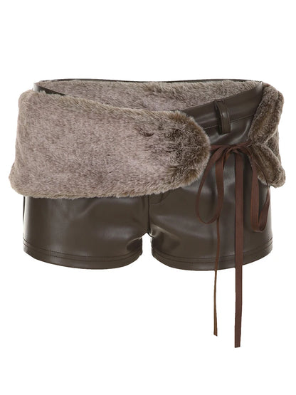 fashionLow Waisted Mini Leather Shorts Vintage Chic Furry Belts Casual Y2K Aesthetic Fashion Elastic Waist Bottoms