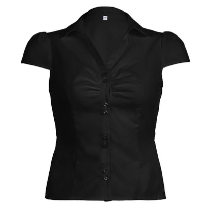 fashion Turn-Down Neck Solid Tee Shirts for Women Short Sleeves Aesthetic Y2K Tops Vintage Fashion Ruched Lace-up Clothes