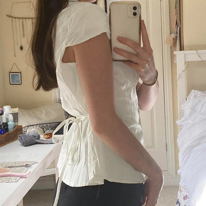 fashion Turn-Down Neck Solid Tee Shirts for Women Short Sleeves Aesthetic Y2K Tops Vintage Fashion Ruched Lace-up Clothes