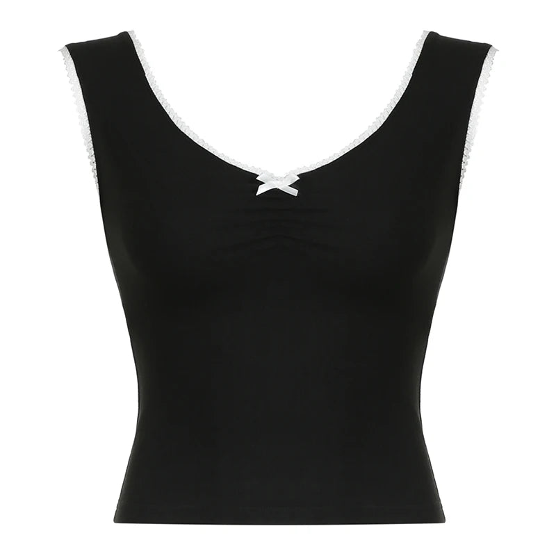 fashionLace Patchwork Fold Bow Vest Basic V-neck 90s Streetwear Casual All-match Crop Tops Slim Vintage 90s Chic Outfits