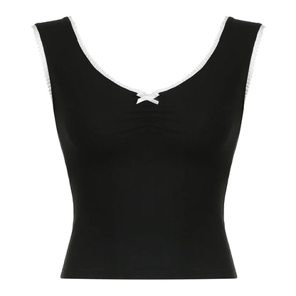 fashionLace Patchwork Fold Bow Vest Basic V-neck 90s Streetwear Casual All-match Crop Tops Slim Vintage 90s Chic Outfits
