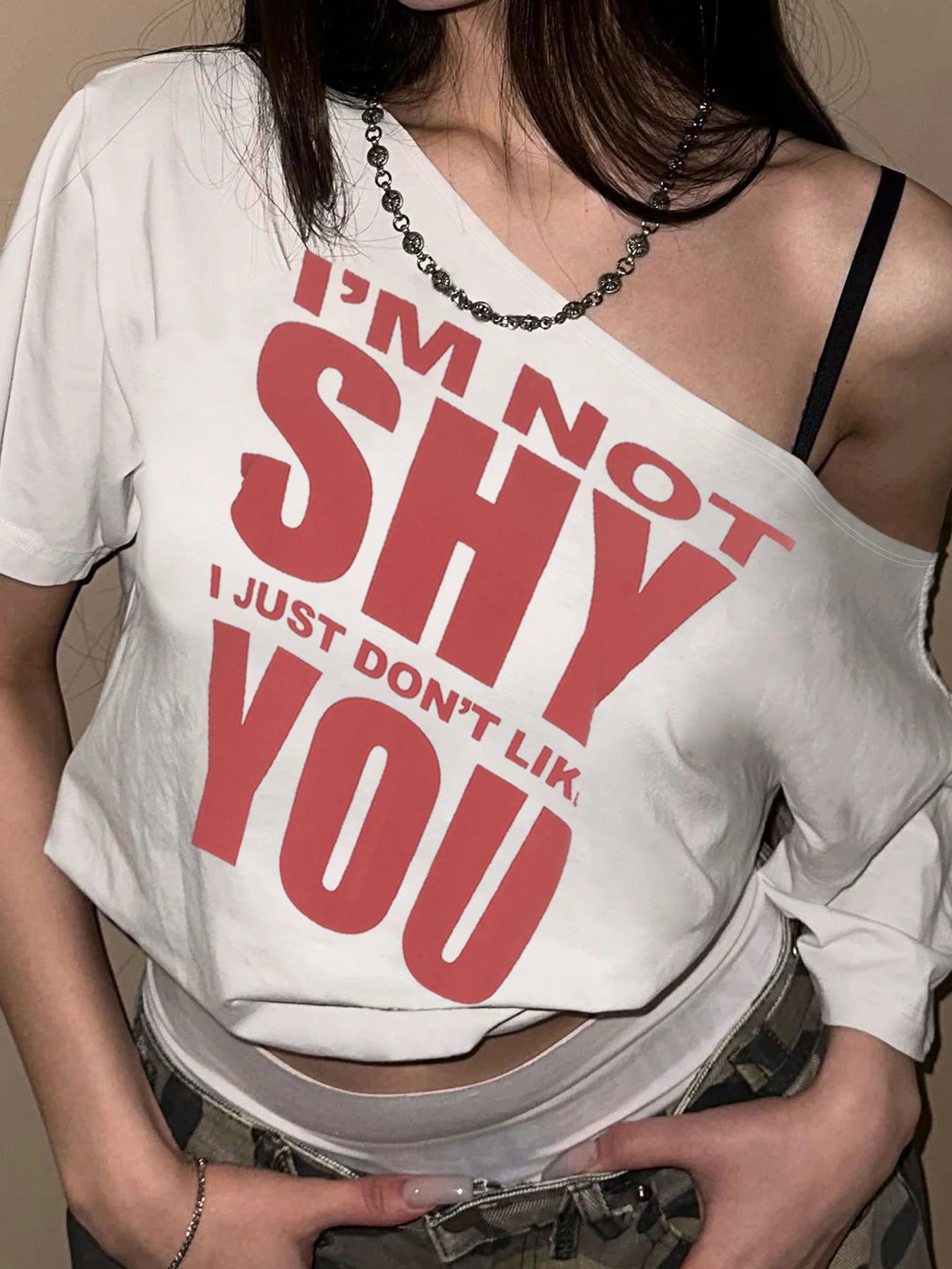 fashionLetter Print American Style Sexy Tops Off Shoulder Loose Fashion Casual Clothings Baggy Basic All-match Outfits