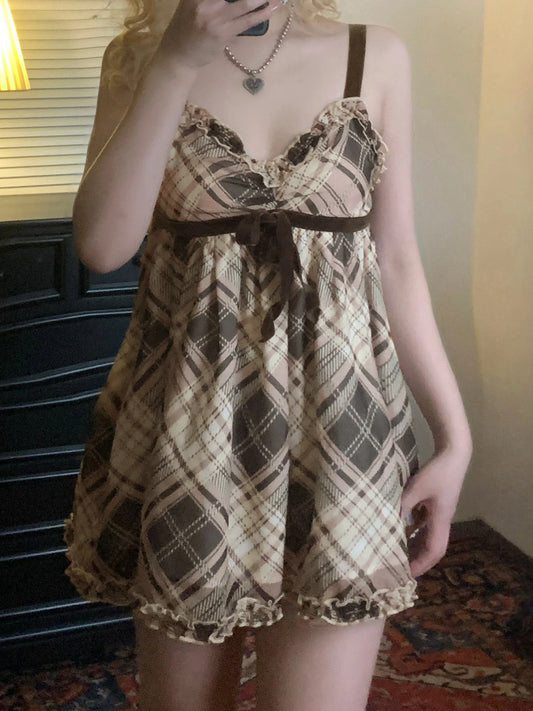 fashion Vintage Y2K Plaid Print Camisole Ruched Harajuku Aesthetic A-line Tops Sleeveless Retro Cute Korean Outfits