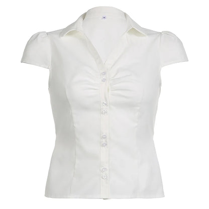 fashion Turn-Down Neck Solid Tee Shirts for Women Short Sleeves Aesthetic Y2K Tops Vintage Fashion Ruched Lace-up Clothes