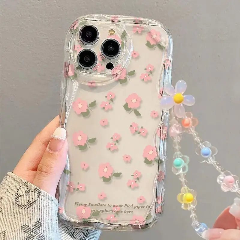 3D Flower Chain Lanyard Phone Case For Redmi Note 13 Pro Plus 5G 13C 4G Soft Wavy Edge Oil Painting Flowers Protective Cover