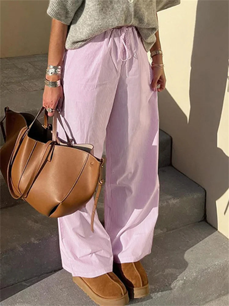fashionStreetwear Striped Print Loose Trousers Lace-up Joggers Fashion Y2K Baggy Pants Basic Aesthetic 90s Cute Bottoms