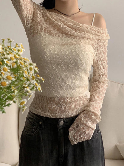 fashionSexy Lace Skew Collar Fashion Smock T-shirts Chic Vintage Retro 90s Hottie Elegant Tees Slim Streetwear Basic Tops
