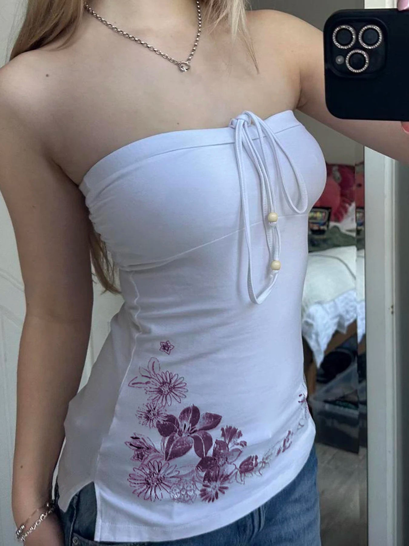 fashionSexy Bow Sleeveless Solid Camisole Floral Print White Summer Chic Vintage Strapless Top Slit Bodycon Women's Cloth