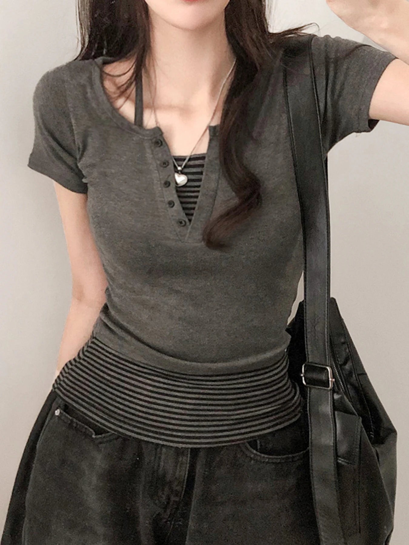 fashionStriped Button Halter Casual Two-piece Set Slim Summer Streetwear Elastic Vintage Suit Chic Basic Sexy Twinset