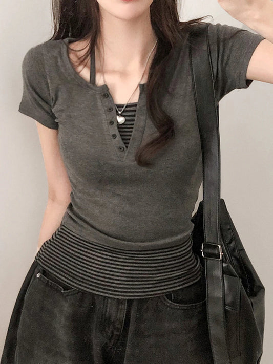 fashionStriped Button Halter Casual Two-piece Set Slim Summer Streetwear Elastic Vintage Suit Chic Basic Sexy Twinset