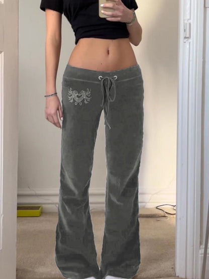 fashionRetro Rhinestone Y2K Flare Pants Lace-up Casual Streetwear Cute Bottoms Harajuku Aesthetic 2000s Women's Pants