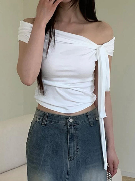 fashionIrregular Knotting Slash Neck Solid Tops Casual Slim Chic Fashion Women's Clothing Streetwear Elastic Outfits