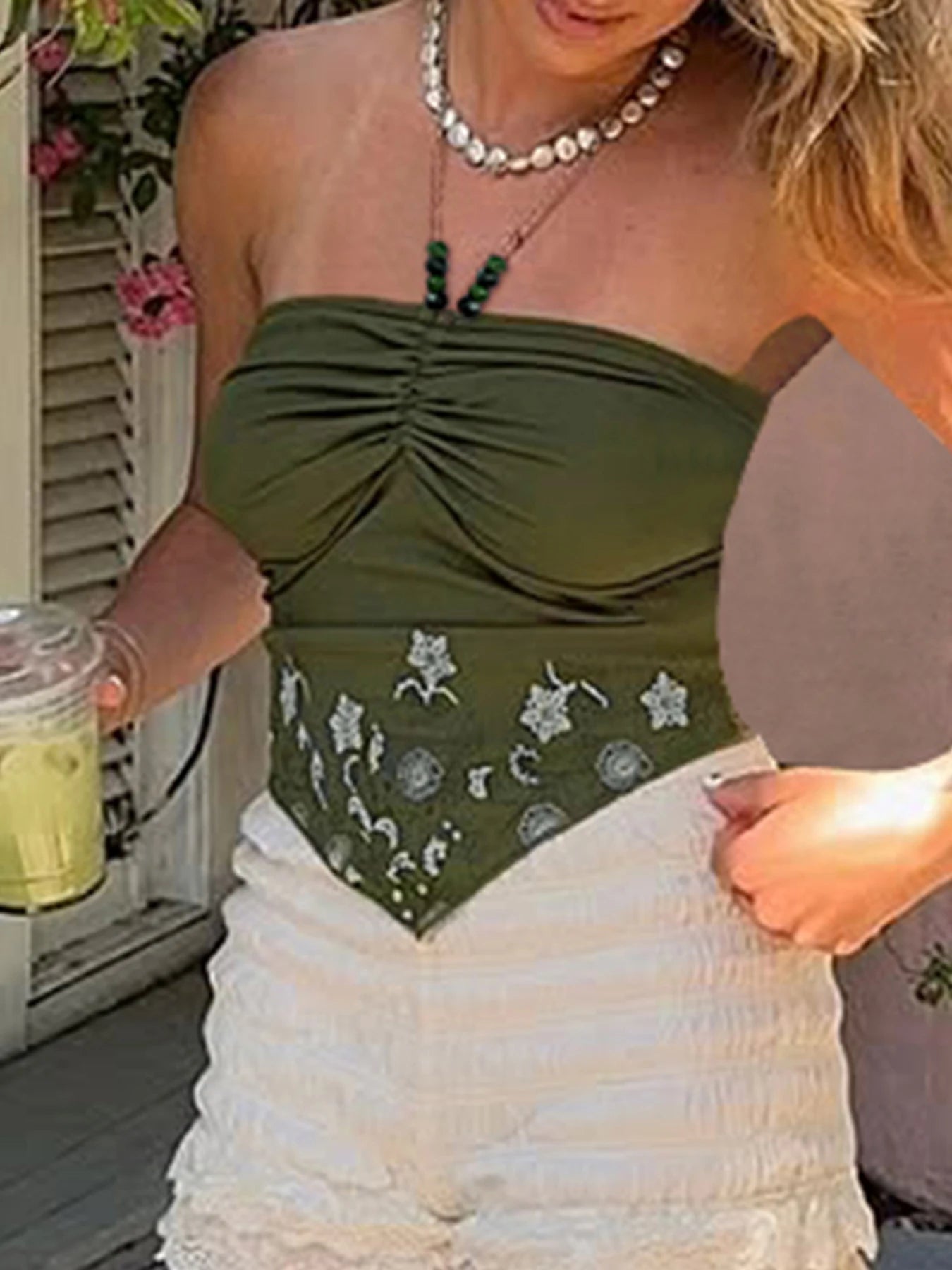 fashionRetro Floral Print Beads Sexy Camisole Vintage Streetwear Slim Backless Elastic Top Irregular Shirring Bustier