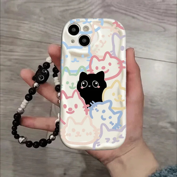 Phone Case For Google Pixel 10 7 8 9 Pro XL 8A  Silicone Wavy Edge Cute Black Cat With Wrist Strap Lanyard Chain Hot Cover Shell