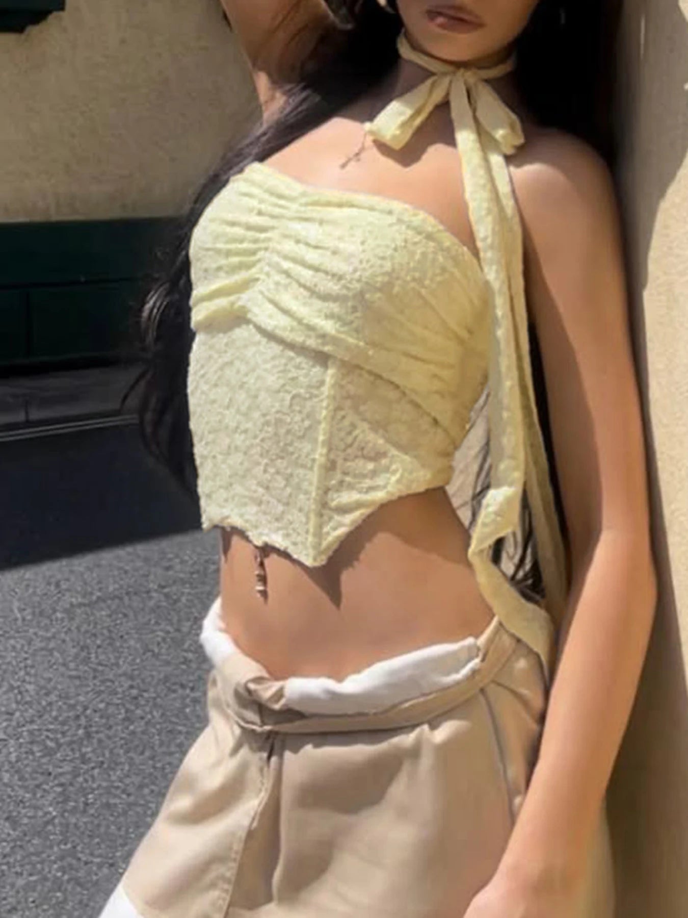 fashion Lace Corset Cropped Sexy Camisole Halter Backless Solid Slim Summer Basic Streetwear Vest Casual Hottie Fold Tops