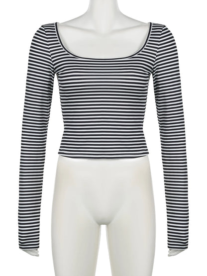 fashionStripe All-match Basic Slim Tshirt Vintage Streetwear Korean Casual Fashion Clothings Elastic Cropped Elegant Tops