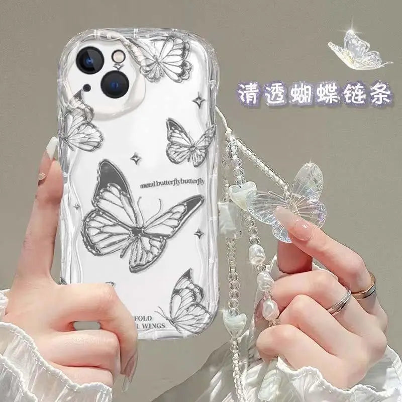 Korean Butterfly Lanyard Case For Huawei Honor 90 Lite 20 50 SE Nova 5T 11 7 9 10 P30 P40 Mate 30 40 Pro Hang Chain Clear Cover