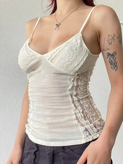 fashionLace Patchwork Sexy Backless Camisole Solid Basic Streetwear Fashion Top Slim Chic 90s Vintage Summer Bustiers