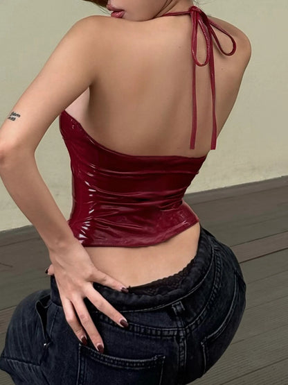 fashionHalter V-Neck Sext Tops Solid Metal buckle Clubwear Slim Backless Cloth for Women PU Y2K Vintage Streetwear Tops