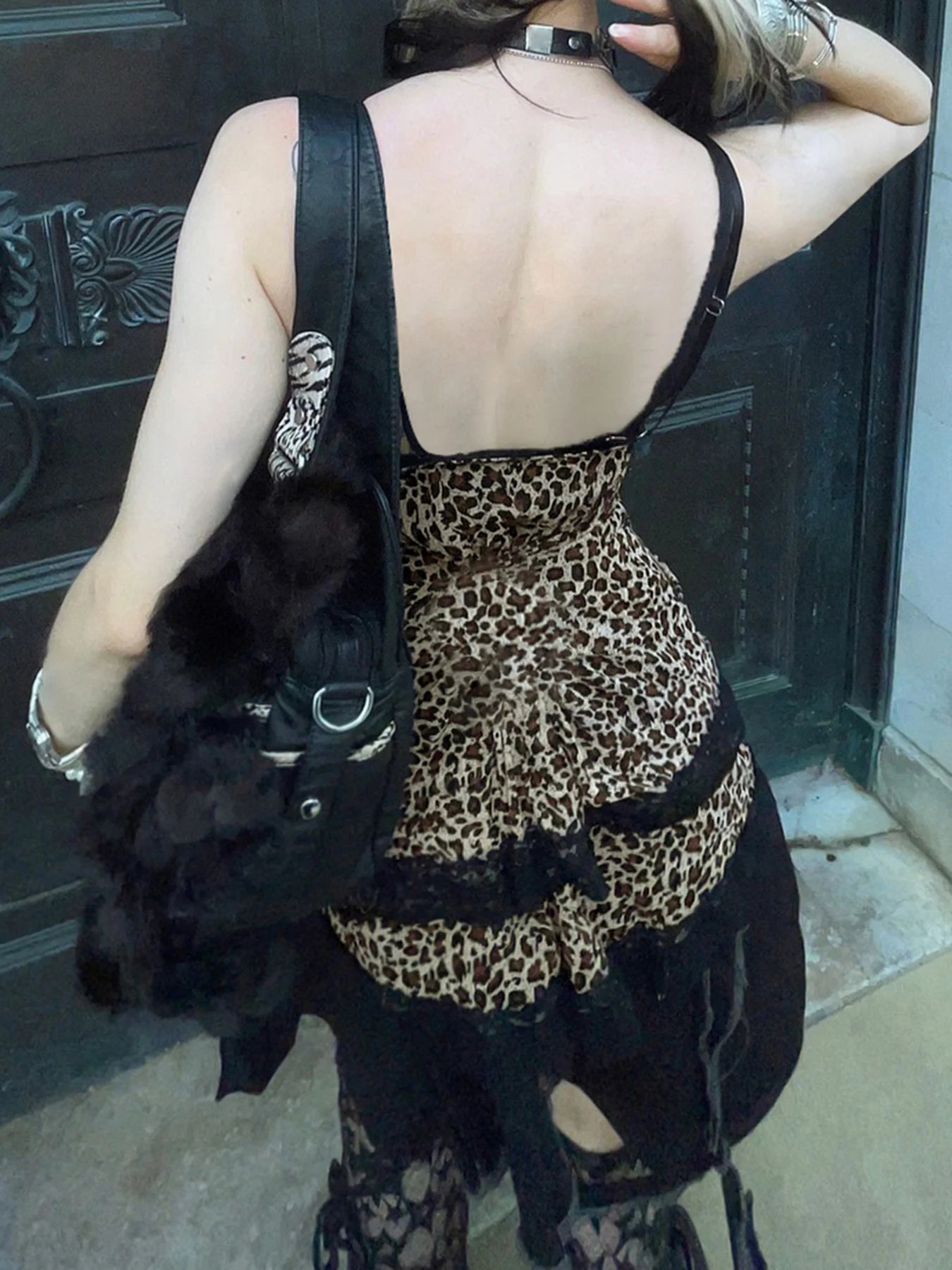 fashionLace Patchwork Y2K Camisole Leopard Print Y2K Backless Sexy Cute Tops V-neck Sleeveless Fairycore 2000s Clothes