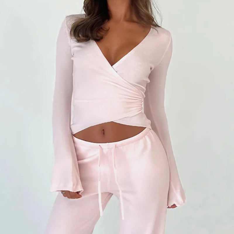 fashionBasic Solid Slim Lace-up Tee Shirts Long Sleeves V-neck Casual Chic Clothes Sporty Streetwear Four Color Knit Tops