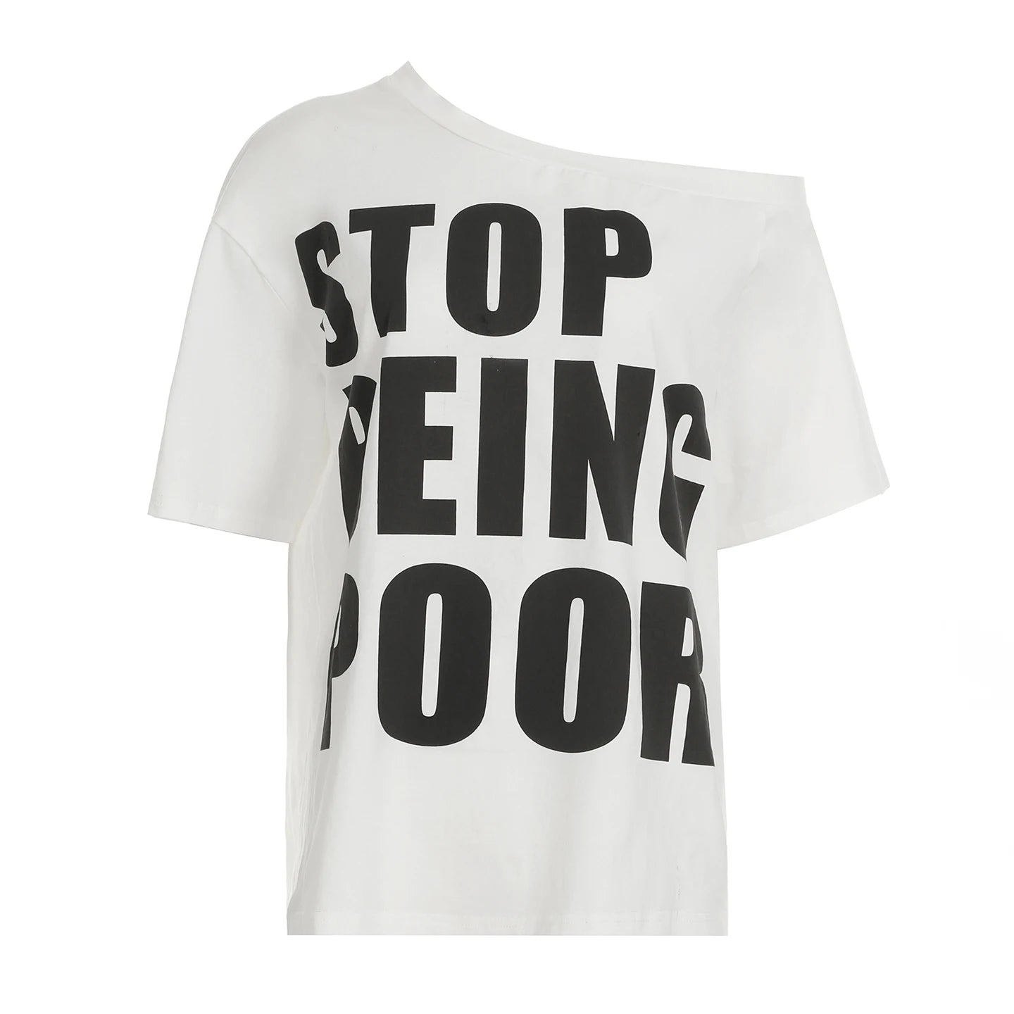 fashionLetter Print Skew Collar T-shirt Slim Short Sleeved Summer Streetwear Loose Tee Elastic Vintage 90s Casual Tops