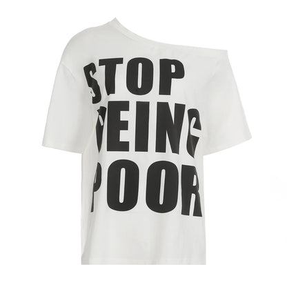 fashionLetter Print Skew Collar T-shirt Slim Short Sleeved Summer Streetwear Loose Tee Elastic Vintage 90s Casual Tops