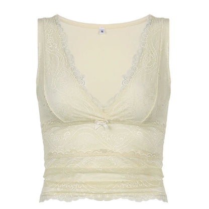 fashionRetro Fairycore Y2K Kawaii Tank Tops Lace Patchwork V-neck Sleeveless Slim Crop Camis Fashion 2000s Sexy Clothes