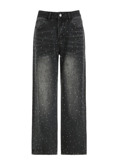 fashion Vintage Rhinestone Loose Jeans Fashion Low Waisted Pockets Zipper Pants Harajuku Chic Streetwear Bottoms for Women