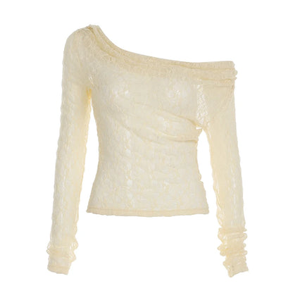 fashionSexy Lace Skew Collar Fashion Smock T-shirts Chic Vintage Retro 90s Hottie Elegant Tees Slim Streetwear Basic Tops