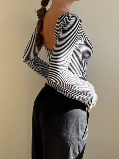 fashionStriped Print Crewneck Tops Backless Long Sleeves Vintage Harajuku Slim Shirts Streetwear Fashion Cute Korean Tees