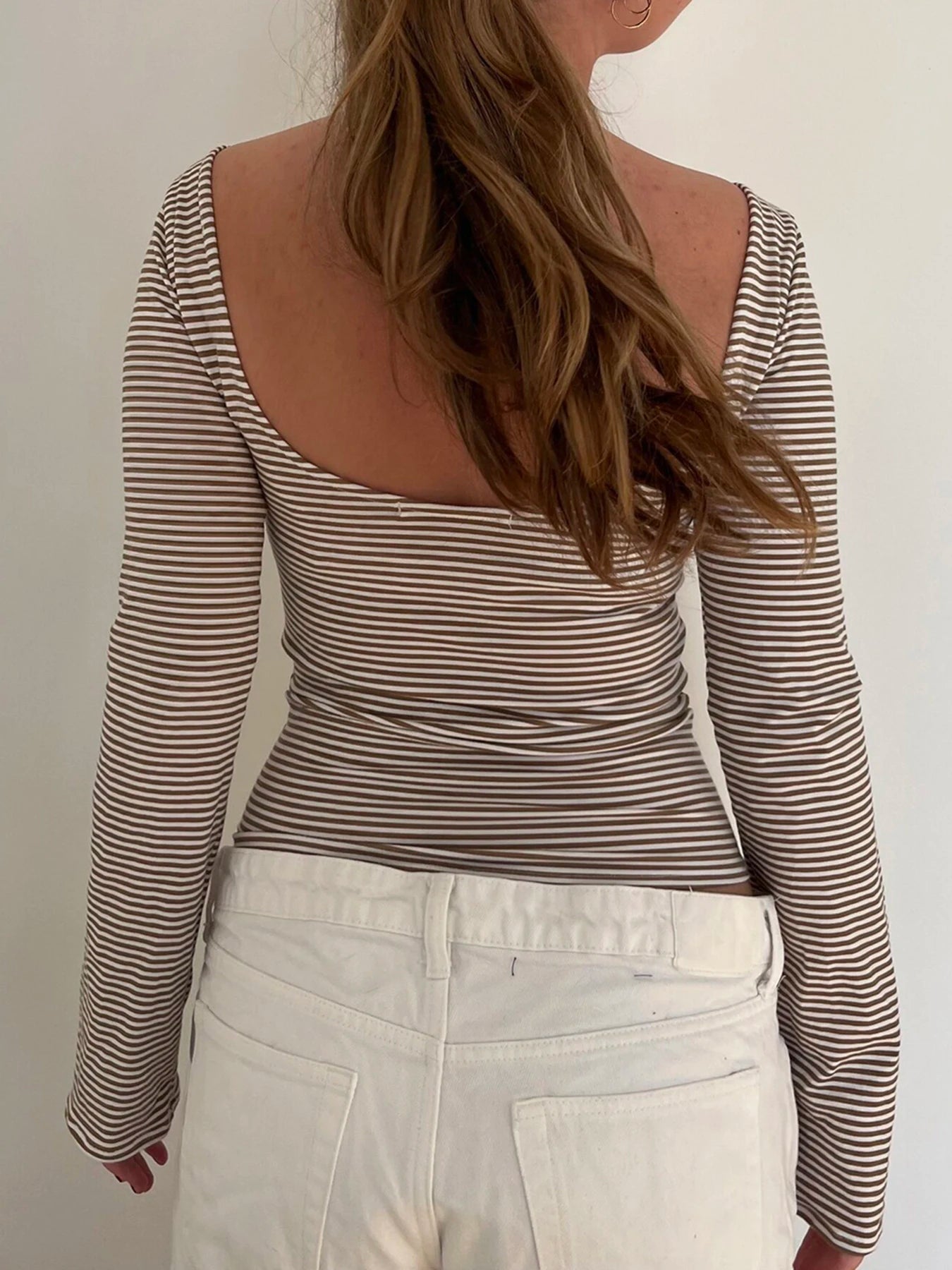 fashionStriped Print Crewneck Tops Backless Long Sleeves Vintage Harajuku Slim Shirts Streetwear Fashion Cute Korean Tees