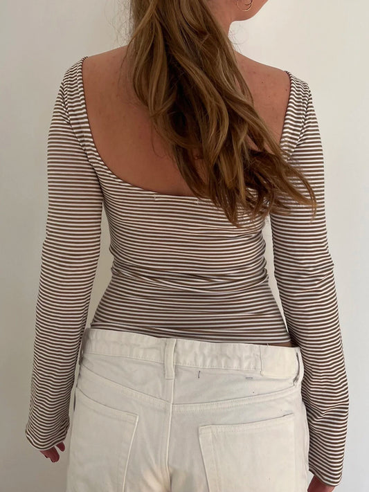 fashionStriped Print Crewneck Tops Backless Long Sleeves Vintage Harajuku Slim Shirts Streetwear Fashion Cute Korean Tees