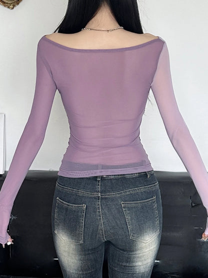fashion Patchwork Asymmetry Slim Tee Shirts Long Sleeves V-neck Aesthetic Fashion Clothes Vintage Solid Women's Streetwear