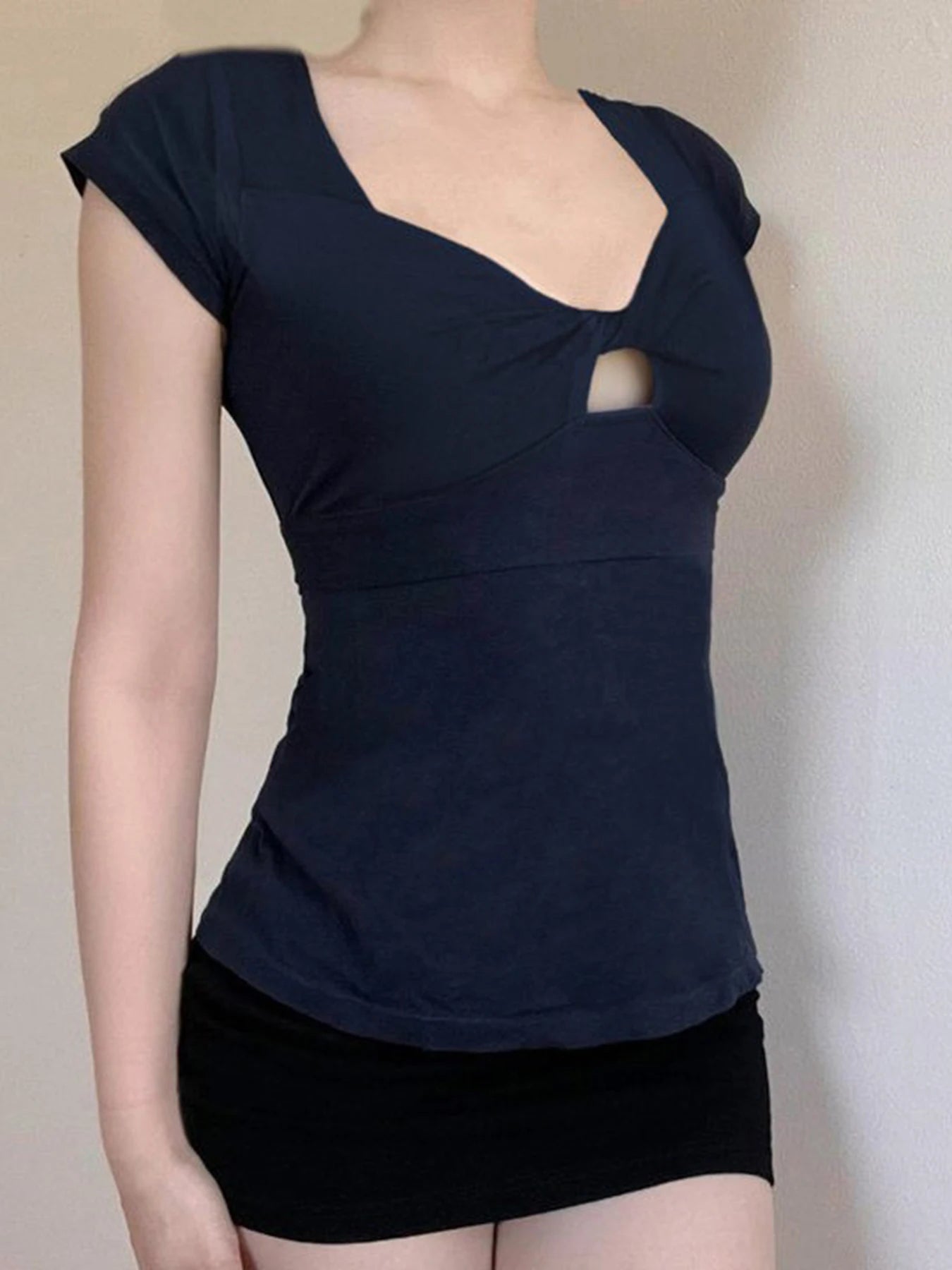 fashionTwist Square Collar Solid T-shirt Basic Vintage Hollow Out Streetwear Casual Fashion Tee Elastic Elegant Top